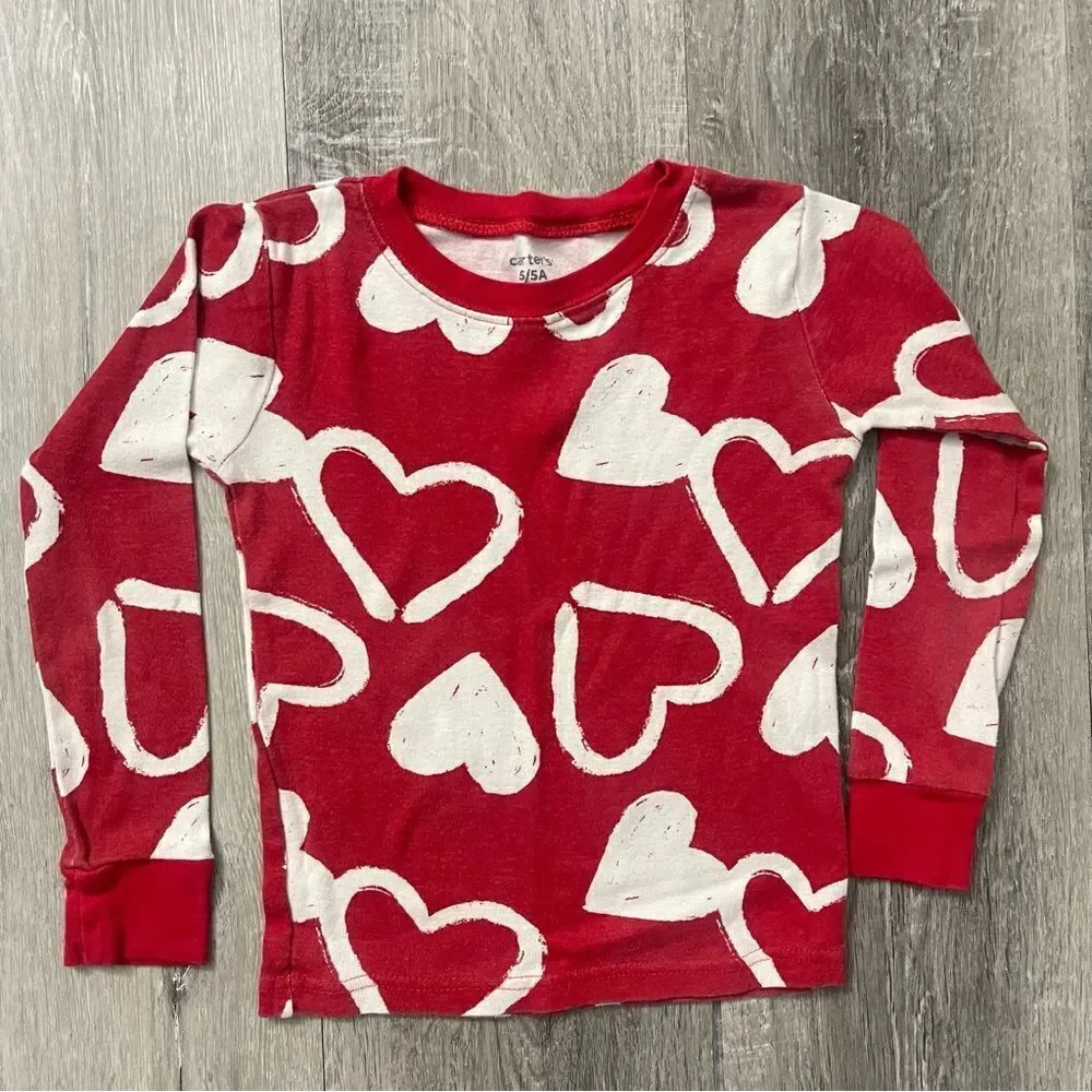 Carter’s Girl’s 2-Piece Red Valentine’s Day Hearts Snug Fit Cotton Pajamas Sz 5